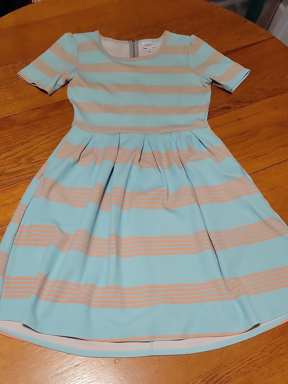 LuLaRoe Aqua and Beige Striped Short-Sleeve Maxi Dress